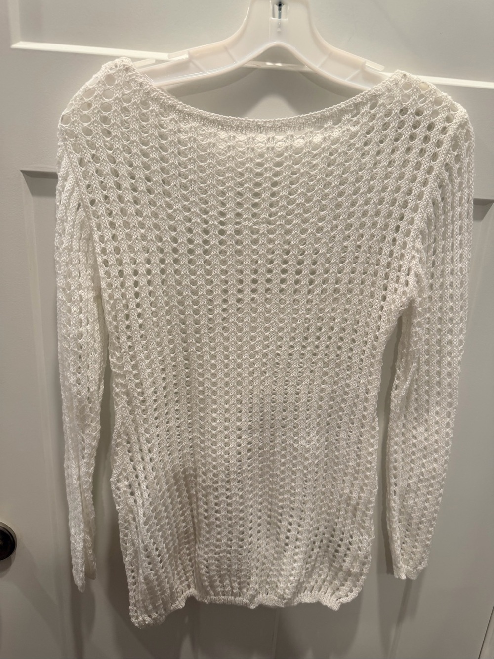 White Crochet Open Knit Sweater Small Long Sleeve Boho Beach Cover Up